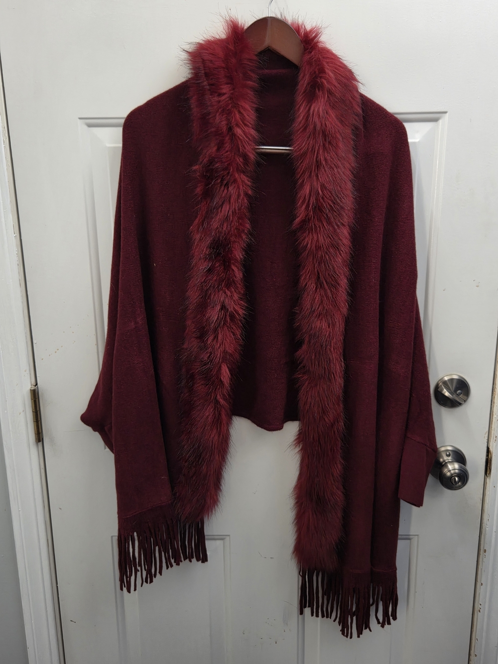 Lux Soft Faux-Fur Trim Burgundy Shawl Cardigan